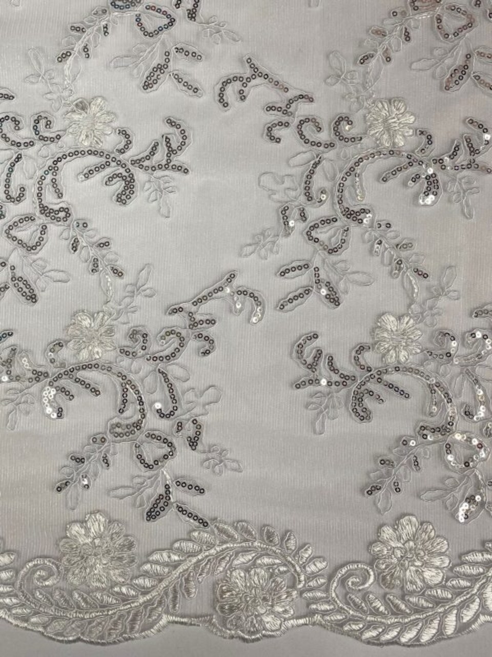 1 Yard White/Silver Sequin Lace Fabric, Corded Mesh Embroidered with Double Scalloped Edges 54″ Wide